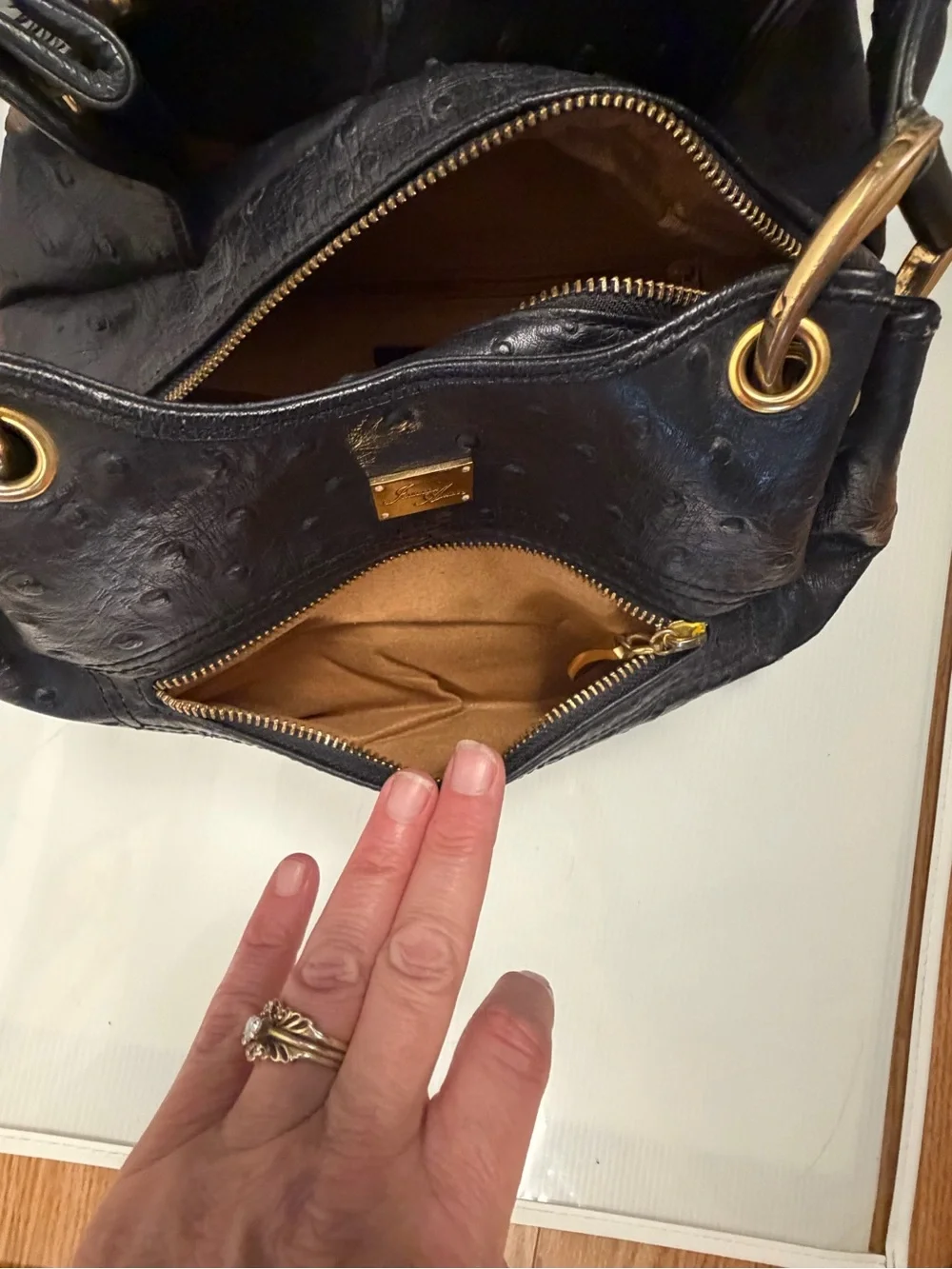 Isabella Adam’s Black Shoulder Bag with Gold Hardware - Embossed Texture